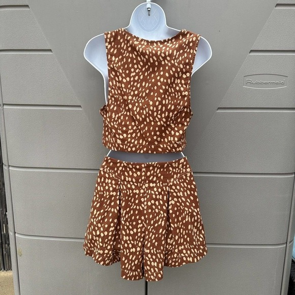 Free People Printed Bennett Set Tank Top and Shorts Fawn Combo Brown Sz 0 NWT - Picture 6 of 16